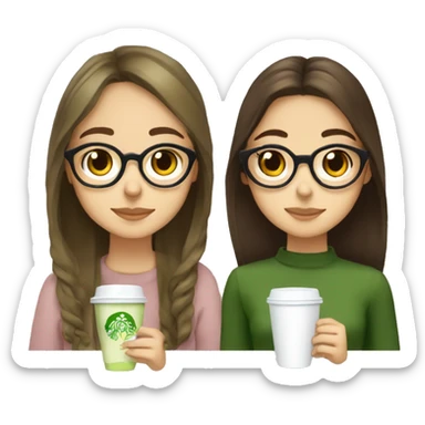 two girls drinking matcha lattes together they both have brown hair and brown eyes one has glasses and straight hair the other has wavy hair slightly shorter than the other girl  sticker