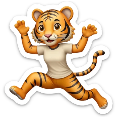 friendly anthropomorphised female tiger in a shirt and pants jumping sticker