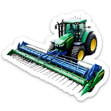 Bourgault 3420 Paralink Hoe Drill (2022) – Cinematic-realistic John Deere 6155M tractor hauling a Bourgault 3420 Paralink Hoe Drill, its powerful green frame pulling the vast blue seeder across endless fields. The machine plants seeds with pinpoint accuracy, leaving precise rows in the rich brown soil,  sticker