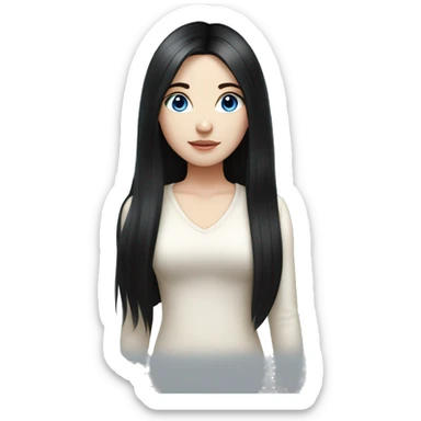 a girl with fair skin, straight long black hair, blue eyes, standing, very beautiful, very hot,Korean American Russian sticker