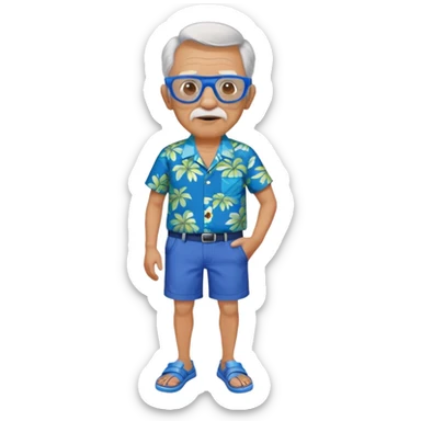 old man  blue  Hawaiian shirt and blue short and googles  and blue shoes sticker