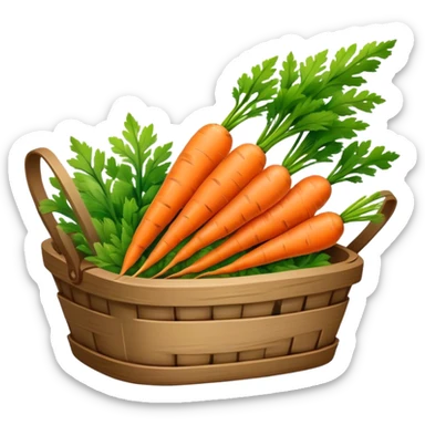 Cinematic vibrant orange carrot, crisp and fresh, slightly twisted with green leafy tops, arranged in a rustic wooden basket, natural and inviting. sticker