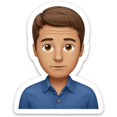 create an emoji of a man with wrinkles, oval face. he has an American look, messy brown hair, brown eyes, slightly tanned skin, natural lips. he wears a short sleeve dark blue buttoned shirt sticker