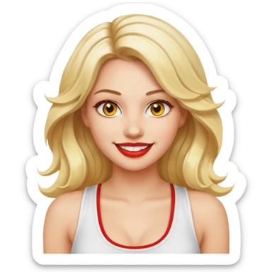 a woman with white tank top and smile, her hair is long wavy blonde hair, her face is baddie girl style, her eyes color are yellow and the color of her lip is soft red sticker