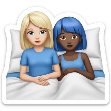 a white girl with blonde hair and a black girl with a blue wig laying in bed sticker