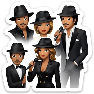Icon for R&B Music: collage of iconic R&B artists—Michael Jackson, Beyoncé, Lionel Richie, Whitney Houston. Each artist represented by a silhouette or symbolic item (like a glove, microphone, or fedora). Transparent background. sticker