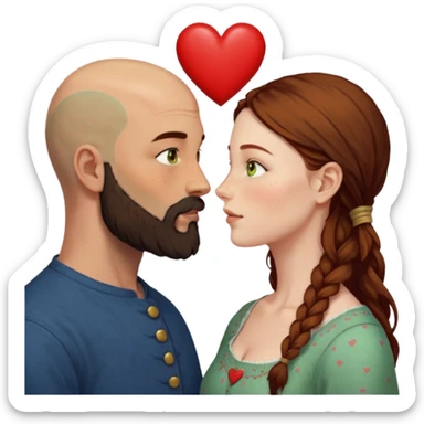 Couple. Bald man with dark brown-black beard. Woman with many small, faded, round freckles, white skin and she has auburn-yellow-brown-caramel-cinnamon dark hair. She has light yellow-brown-green eyes. He have hazel-blue eyes. They look at each other. Many small red hearts around them. sticker