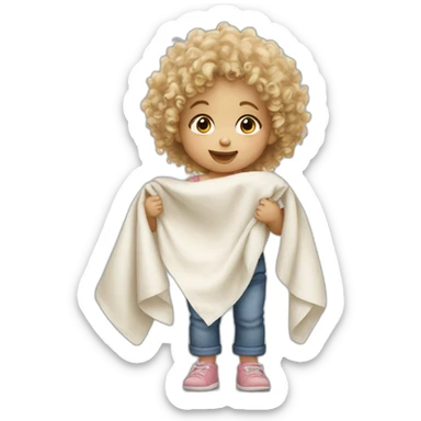 Curly haired blonde toddler holding muslin cloth for comfort sticker