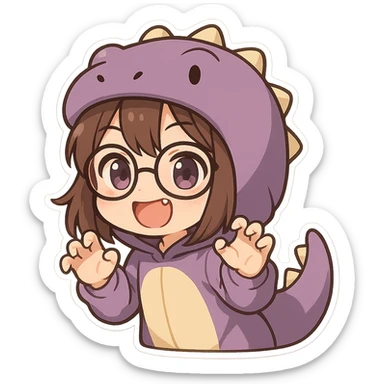 Chibi anime style girl with glasses, brown hair, dark purple eyes, wearing a purple dinosaur costume, happy expression, clawing the air with her hands, showing her teeth, no controller, no background. sticker