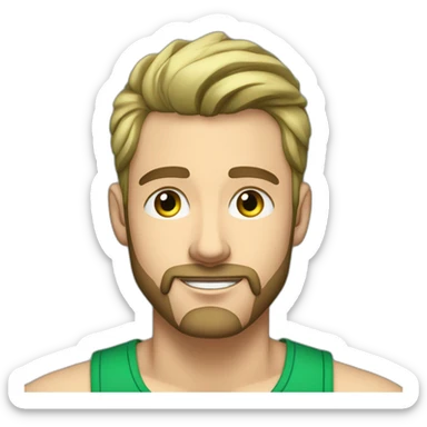Handsome 34 year old man with dirty blonde hair and kind ocean blue eyes and a short cropped beard wearing a green tank top shirt with broad shoulders listening to music on earbuds sticker