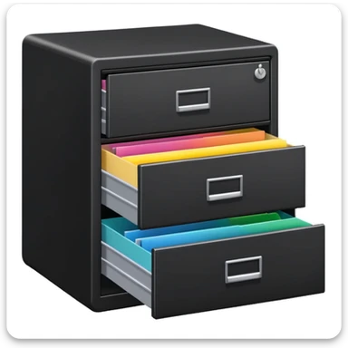 black filing cabinet with open bottom drawer with colorful folders sticker