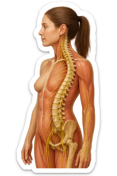 fai un immagine identica che riguarda un esercizio ma mettigli spina dorsale e muscoli in evidenza (anatomica) con colori naturali di un corpo umano (non blu), il nervo giallo si deve vedere molto bene. falla iperrealistica anatomica in 4k con spina dorsale storta in evidenza sticker