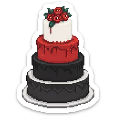Red wedding cake with white frosting details and small roses sticker