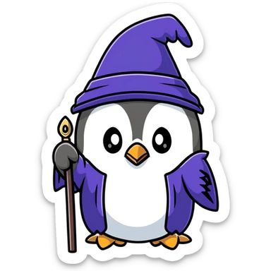 penguin with wizard hat and robe, holding a magic staff, magical sticker