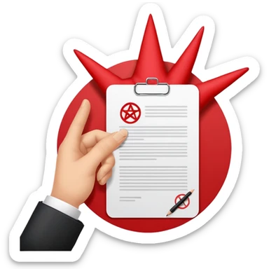 Minimalist emoji-style sticker of a hand signing a contract that says “YOUR SOUL” in bold letters, red ink, pentagram seal sticker