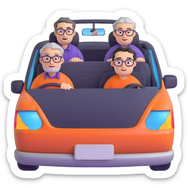 orange car front view with three people inside: driver man with purple shirt, stubble, round face; front seat man with gray hair, glasses, checkered shirt, round face; back seat man with black hair, glasses, black t-shirt, sharp face sticker