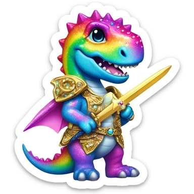 Lisa frank glitter rainbow cute dinosaur with sword and jewels sticker
