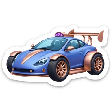 dark crystal blueberry and rosegold-accented cyber drift-racing car driven by a small cute relaxed chameleon with rear spoiler, roll bar, and wheely bar sticker