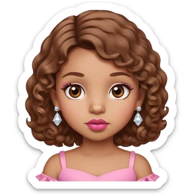 light brown skin tone, very adorable toddler, with big plump lips, long long lashes, brown curly bob, brown eyes, pink dress, diamond stud earrings sticker