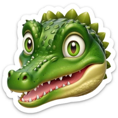 Cinematic Realistic Cute Crocodile Portrait Emoji, Head tilted playfully and inquisitively, featuring a robust, well-defined build with intricately detailed, glossy olive-green scales and a surprisingly endearing face with round, sparkling eyes full of unexpected charm, rendered with lifelike texture and natural highlights, high shine, affectionate and spirited, styled with a touch of wild whimsy, soft glowing outline, capturing the essence of a mischievous yet lovable crocodile that seems poised to snap playfully out of the screen into your arms! sticker