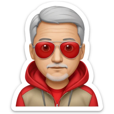 50-year-old man with some grey hair, aviator sunglasses, wearing a red hoodie sticker