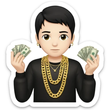 Has un chico con mucha plata en sus manos y en su alrededor, Con una cadena que diga "JovenBallin" y que tenga pelo negro y sea piel blanca sticker