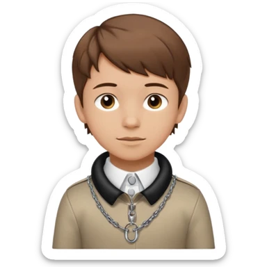 brown-haired boy, young, satisfied look, collar and leash around his neck, minimal bdsm clothing, sticker