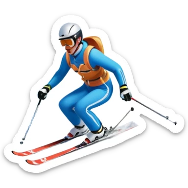 An icon featuring snowy peaks, pine trees, and a picturesque mountain landscape with a skier racing down a snow-covered slope. The sky is blue with soft clouds, capturing the thrill and beauty of alpine skiing. Transparent background highlights the excitement and serenity of winter sports. sticker