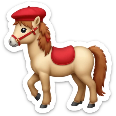 A cute pony (horse) emoji, full body, standing in side view, wearing a stylish red beret. sticker