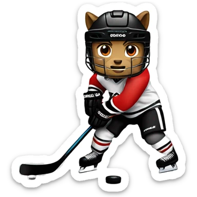 A wolf hockey player in a white red and black uniform holds a puck sticker