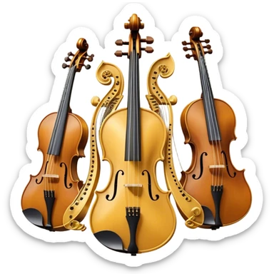 Create a sophisticated, festive, and professional emoji collage resembling a coat of arms, symbolizing string instruments. The design should feature several string instruments, such as a violin, cello, guitar, and harp, arranged in an elegant, balanced composition. Each instrument's neck (fingerboard) should intertwine with flowing musical notes, forming a ribbon-like structure that weaves through the instruments. The strings of the instruments should be emphasized, creating a dynamic and elegant effect. Use rich gold and silver accents to highlight the professional quality of the instruments, with deep wooden tones for the body of each instrument. Surround the instruments with a subtle border, resembling a heraldic crest, and add small decorative elements like laurel leaves or subtle flourishes. The background should be transparent to keep the design clean and polished. sticker
