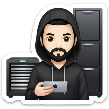 hackeur blanc cheveux noir barbe et capuche noir à côté d'un server sticker