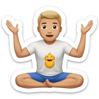 Make a normal wieght guy facing forward squatting with a t-shirt on and his hands up and his mouth open sticker