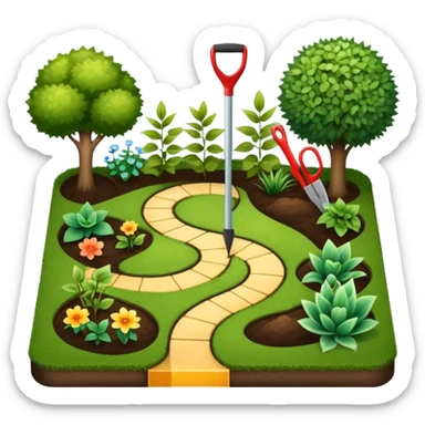 Icon for Landscape Design: a garden layout with plants, trees, paths, and design tools like a spade, pencil and measuring tape. The icon should represent creativity in outdoor space planning and gardening. Transparent background. sticker