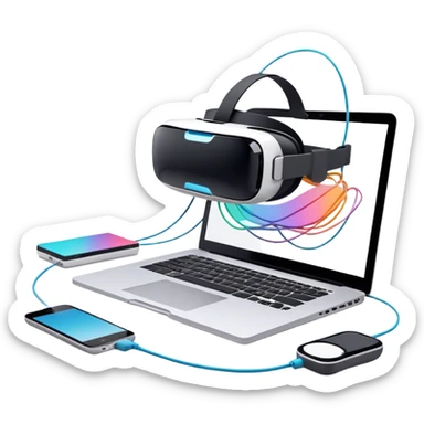 VR headset lying next to a laptop, connected by wires. On the laptop screen a VR/AR modeling program is opened. Floating 3D models or virtual objects. Modern, tech-inspired colors. No emojis or smiley faces. Transparent background. sticker