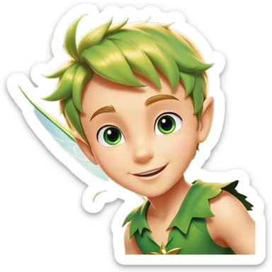 cinematic-realistic-peter-pan-portrait, head tilted dramatically with an exaggeratedly amused expression and sparkling eyes brimming with playful mischief, his iconic outfit rendered in vivid detail with dynamic shadows, soaring through the air. Flying right Next to him is a glowing Tinker Bell, whose delicate wings leave a trail of shimmering pixie dust across a whimsical sky. sticker