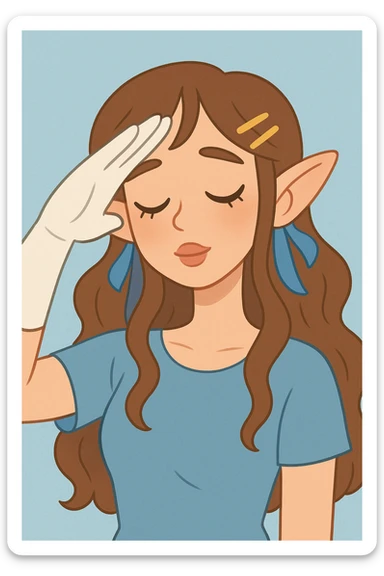 close-up pastel-colored digital illustration of a young woman with long wavy brown hair, golden hair clips, blue ribbons, simple textured light blue background, eyes closed, head slightly tilted, soft blush, ethereal glow, white glove on right hand saluting, pointy ears, gentle vulnerable expression, lips touched delicately radiating serenity sticker