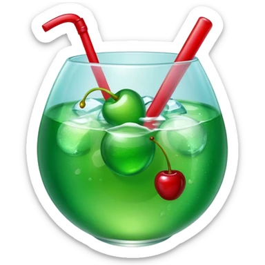 Create an emoji with a very clear rounded glass and ice, bright transparent green soda , a smooth vanilla scoop circle shape, a glossy red cherry, using vibrant colors, soft shading, and clear glass highlights.
 sticker