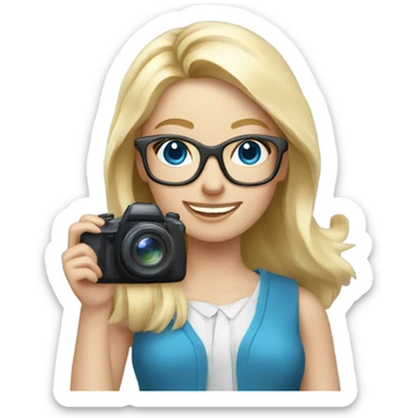 Elegant blonde girl with glasses smiling blue eyes taking pictures with a camera  sticker