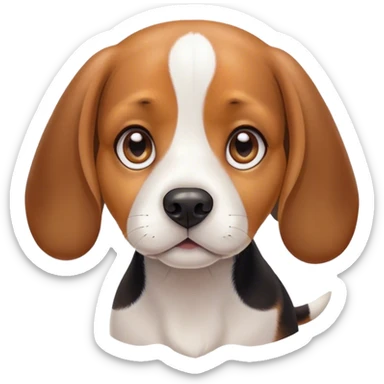 Cinematic Cute Beagle Portrait Emoji, Head tilted playfully and inquisitively, featuring a soft tri-color coat of white, brown, and black with floppy ears, round, sparkling hazel eyes filled with curiosity, Simplified yet irresistibly adorable features, highly detailed, glowing with a warm, friendly glow, high shine, affectionate and lively, stylized with a touch of whimsy, bright and endearing, soft glowing outline, capturing the essence of a mischievous yet loving pup, so playful it feels like it could bound out of the screen and into your arms! sticker