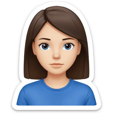 young brunette brawn-eyed woman with straight hair with a blue t-shirt with  sticker