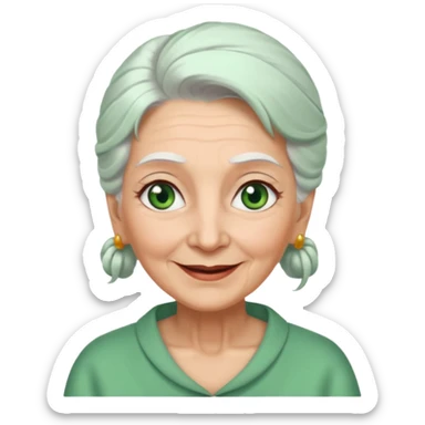 abuela con ojos verdes, pelo blanco, pelo blanco y amarrado, aspecto feliz sticker