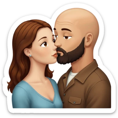 Couple. Bald man with dark brown-black beard. White woman with many small, faded freckles, she has white skin and she has auburn-brown-cinnamon, dark long hair. She has light brown eyes. The man have hazel eyes. Retro style. They kiss. sticker