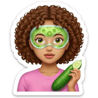 lightskin girl having a spa day with green skincare facemask and cucumbers on her eyes and brown curly hair and a pink shirt  sticker
