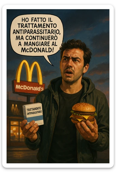 A realistic, cinematic illustration of a man in his early 30s with a confused yet stubborn expression, standing outside a McDonald's at dusk, holding a small box labeled 'Trattamento Antiparassitario' in one hand while holding a large McDonald's burger in the other. He is mid-sentence, saying 'Ho fatto il trattamento antiparassitario, ma continuerò a mangiare al McDonald!' in an expressive speech bubble. The man wears casual streetwear, and behind him, the McDonald's golden arches glow under a neon-lit sky. The mood is ironic and educational, highlighting the contradiction of doing parasite cleanses while continuing unhealthy fast-food habits. The style is realistic with slight illustrative clarity, emphasizing the message humorously while maintaining a serious undertone about lifestyle choices and health in italiano sticker