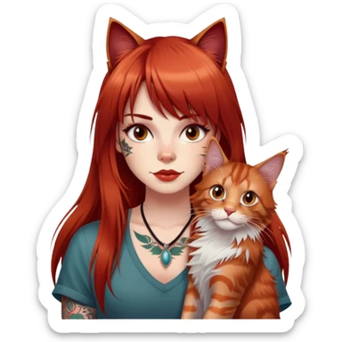 girl with long red  straight bangs hair and tattoos and a Maine Coon sticker