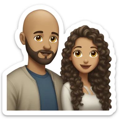 Kissing moment, bald light skin man, brown beard, light skin girl, long black curly hair sticker