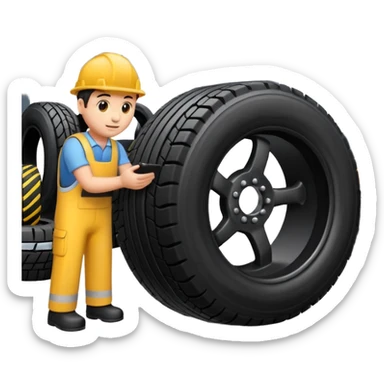 please draw me a emoji of tire - inside the manufacturing factory - getting inspected by machine not the human - the machins is checking uniformity - machine is complicated  sticker