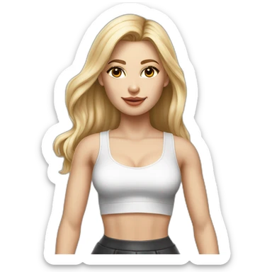 hyperrealist caucasian, long blonde hair, brown eyes, woman, white decollette tank top, gray tight mini skirt, black high heels, frontal view sticker