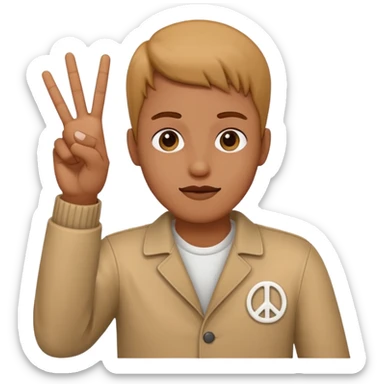 A person throwing up a peace sign sticker